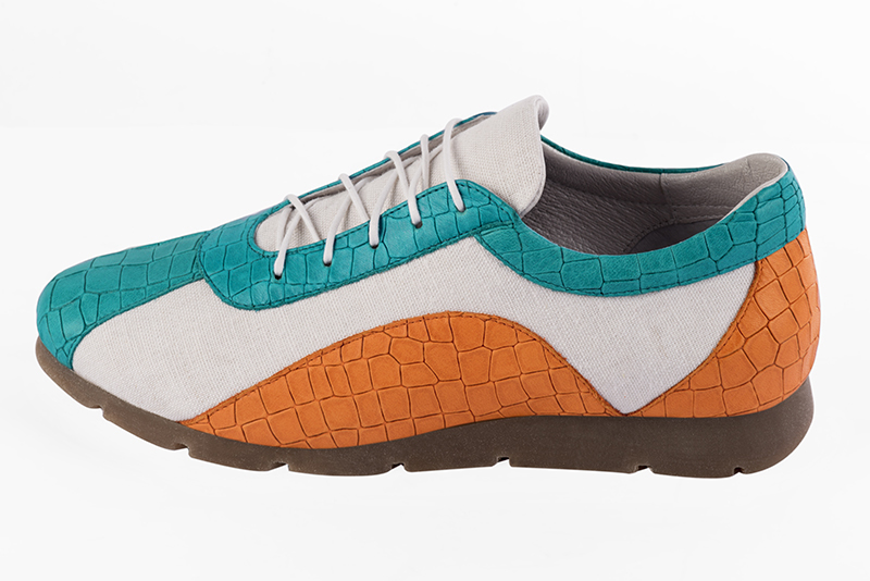 Turquoise blue, pure white and apricot orange women's three-tone elegant sneakers. Round toe. Flat rubber soles. Profile view - Florence KOOIJMAN